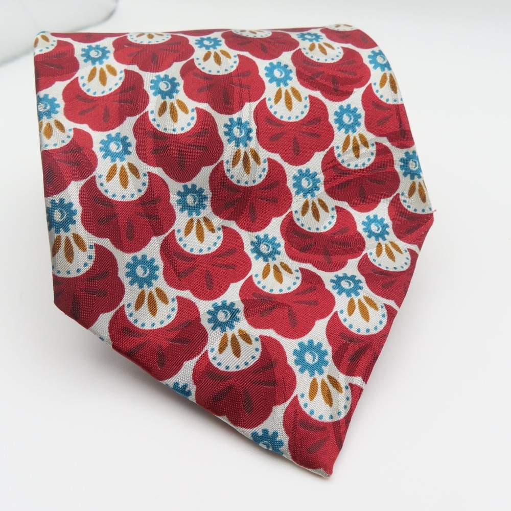 Christian Dior Tie Silk Red Blue Floral Polka Dot 3.75" Wide 56" Long Polyester - Picture 2 of 7